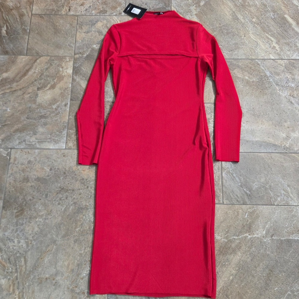 NWT Fashion Nova Need You Midi Dress Red Ribbed Cutout Long Sleeve Womens L